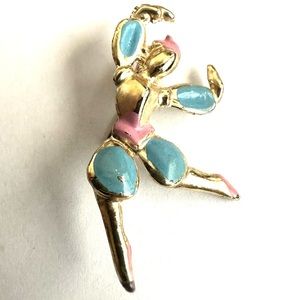 Vintage 1960s Gold Tone Pink & Blue Dancer Brooch Pin Good Condition